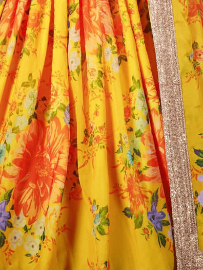 Odette Yellow Organza Printed Semi Stitched Lehenga With Unstitched Blouse For Women