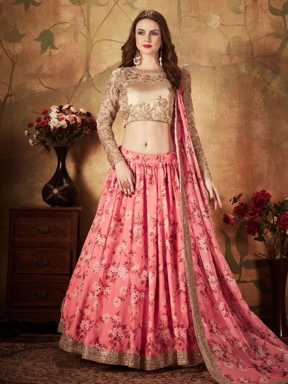 Odette Pink Organza Printed Semi Stitched Lehenga With Unstitched Blouse For Women
