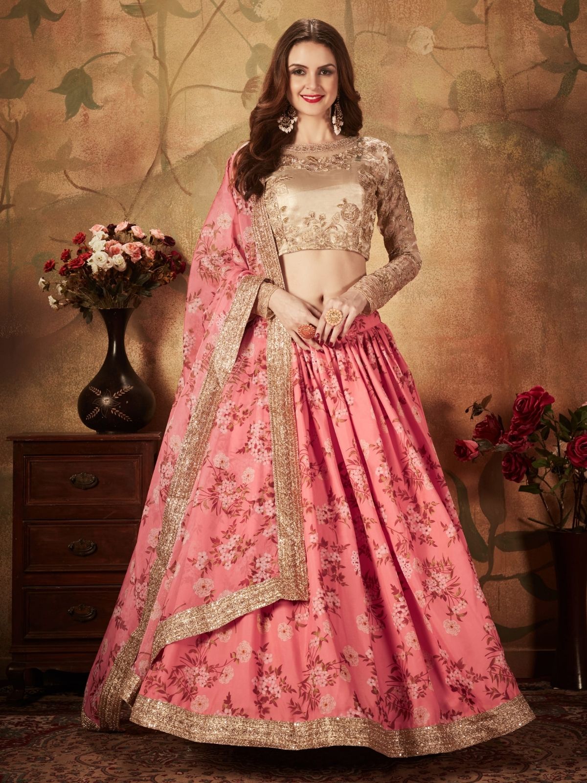 Odette Pink Organza Printed Semi Stitched Lehenga With Unstitched Blouse For Women