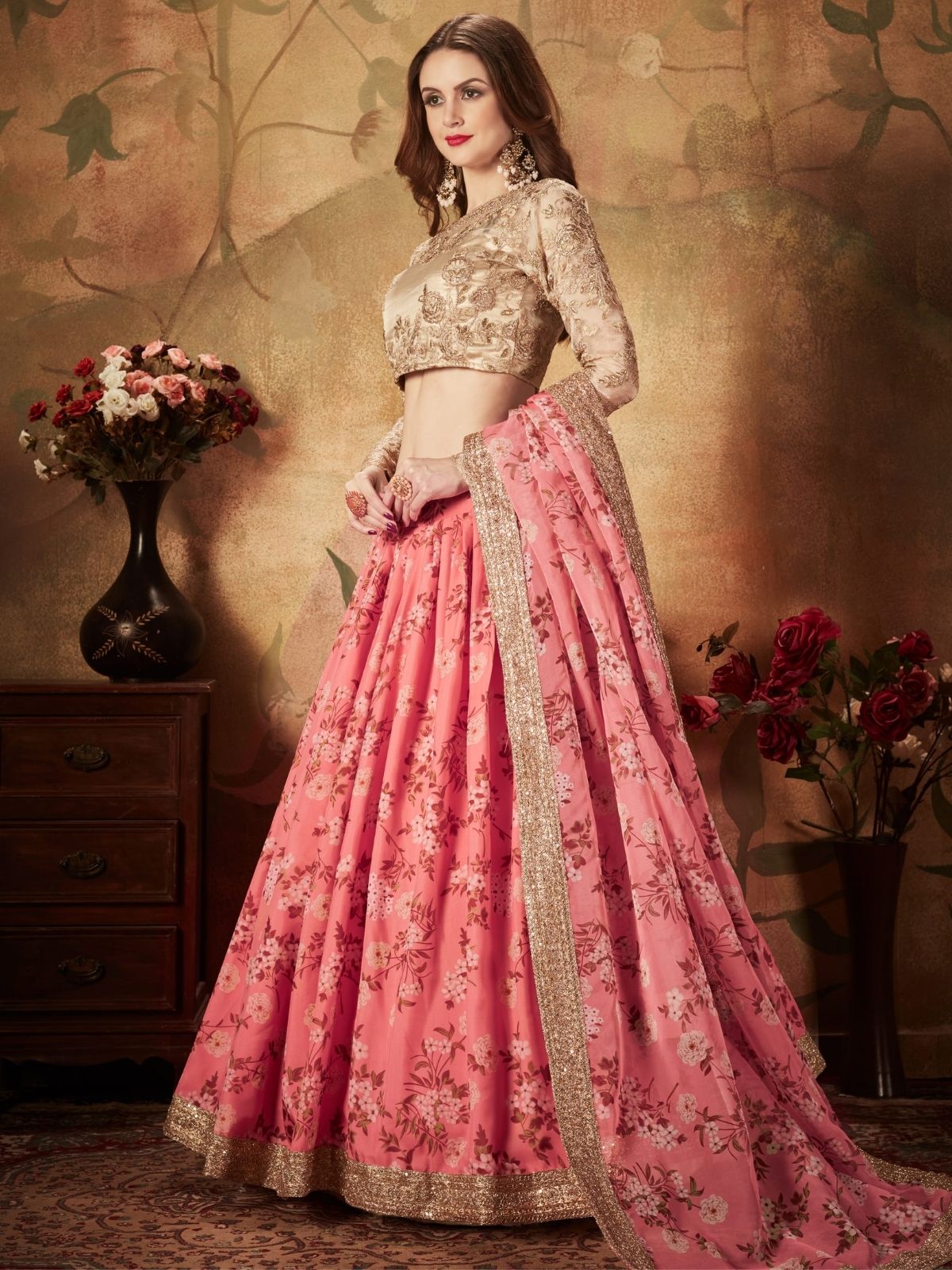 Odette Pink Organza Printed Semi Stitched Lehenga With Unstitched Blouse For Women