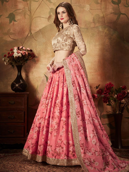 Odette Pink Organza Printed Semi Stitched Lehenga With Unstitched Blouse For Women