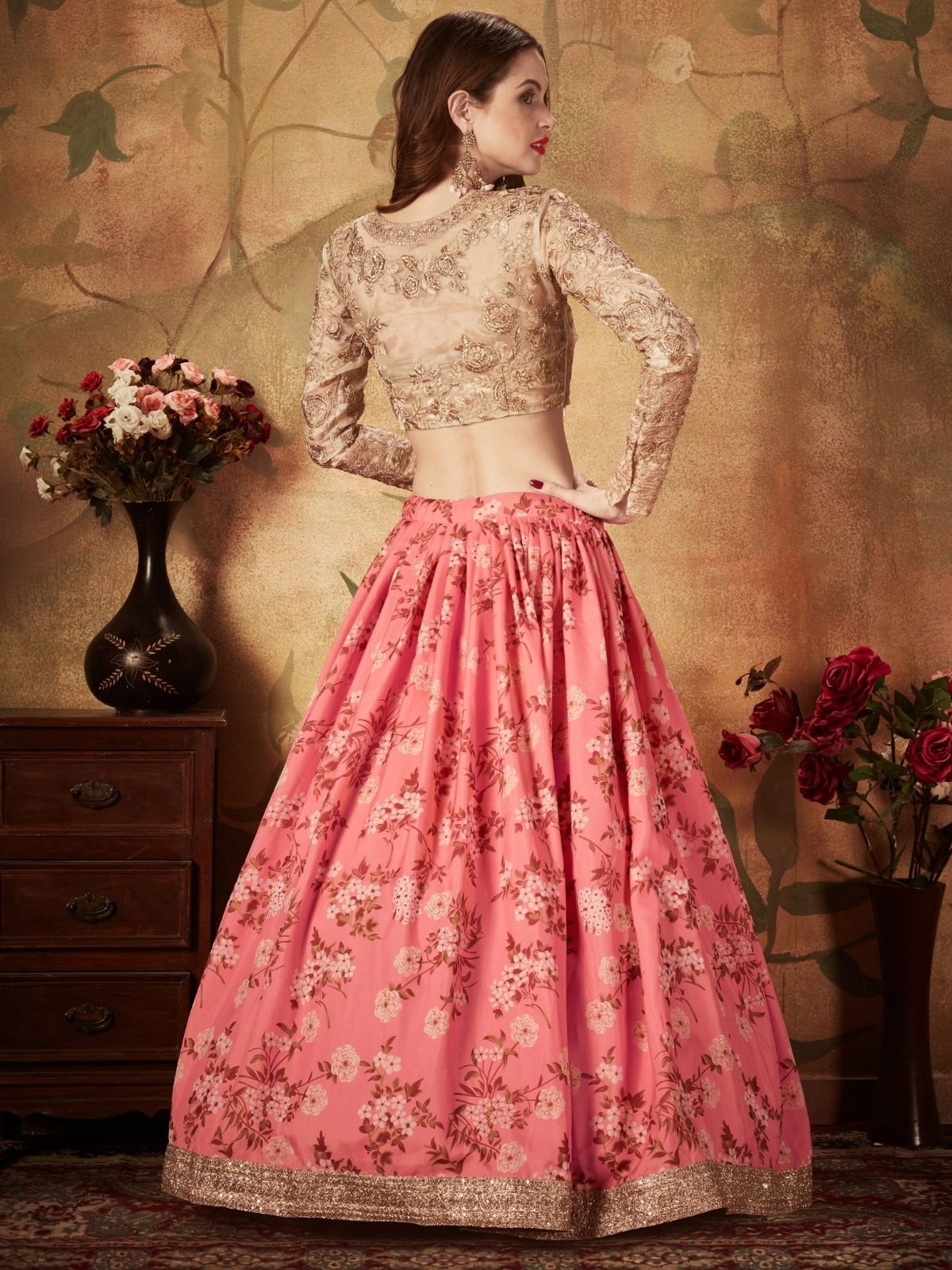 Odette Pink Organza Printed Semi Stitched Lehenga With Unstitched Blouse For Women