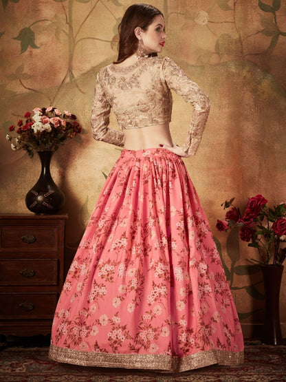 Odette Pink Organza Printed Semi Stitched Lehenga With Unstitched Blouse For Women