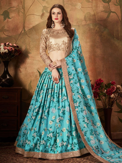 Odette Blue Organza Printed Semi Stitched Lehenga With Unstitched Blouse For Women