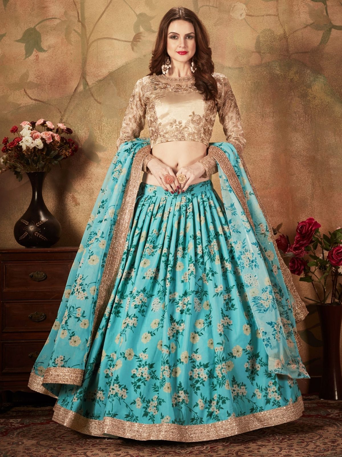 Odette Blue Organza Printed Semi Stitched Lehenga With Unstitched Blouse For Women