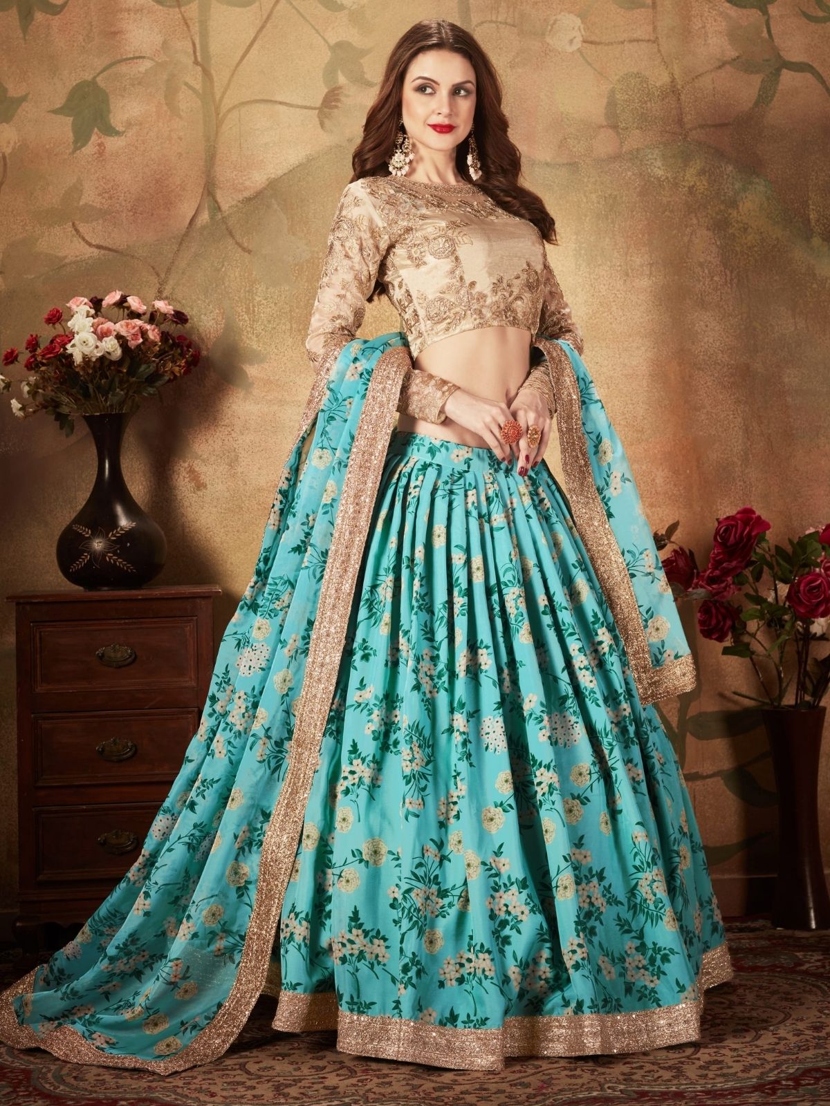 Odette Blue Organza Printed Semi Stitched Lehenga With Unstitched Blouse For Women