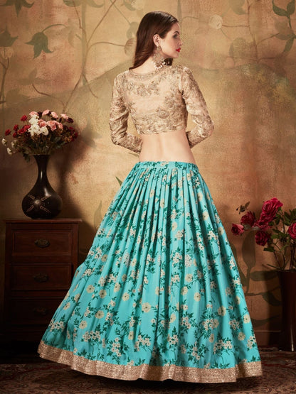 Odette Blue Organza Printed Semi Stitched Lehenga With Unstitched Blouse For Women