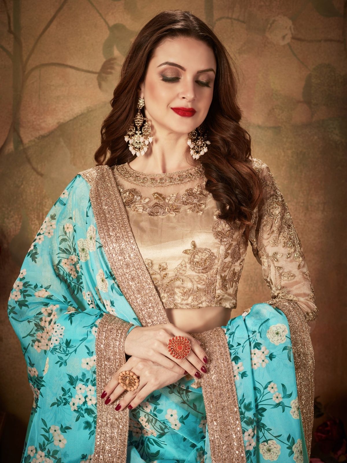 Odette Blue Organza Printed Semi Stitched Lehenga With Unstitched Blouse For Women