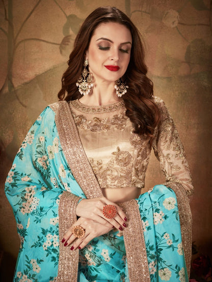 Odette Blue Organza Printed Semi Stitched Lehenga With Unstitched Blouse For Women