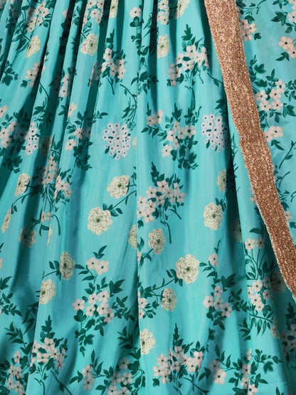 Odette Blue Organza Printed Semi Stitched Lehenga With Unstitched Blouse For Women