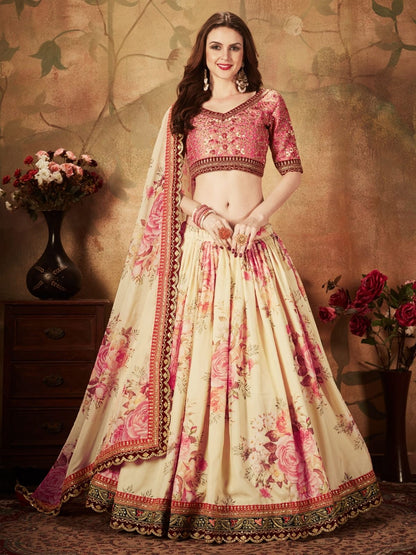Odette Beige Organza Printed Semi Stitched Lehenga With Unstitched Blouse For Women