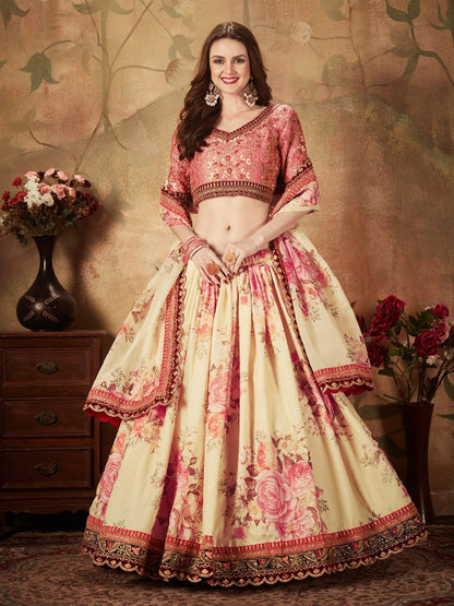 Odette Beige Organza Printed Semi Stitched Lehenga With Unstitched Blouse For Women