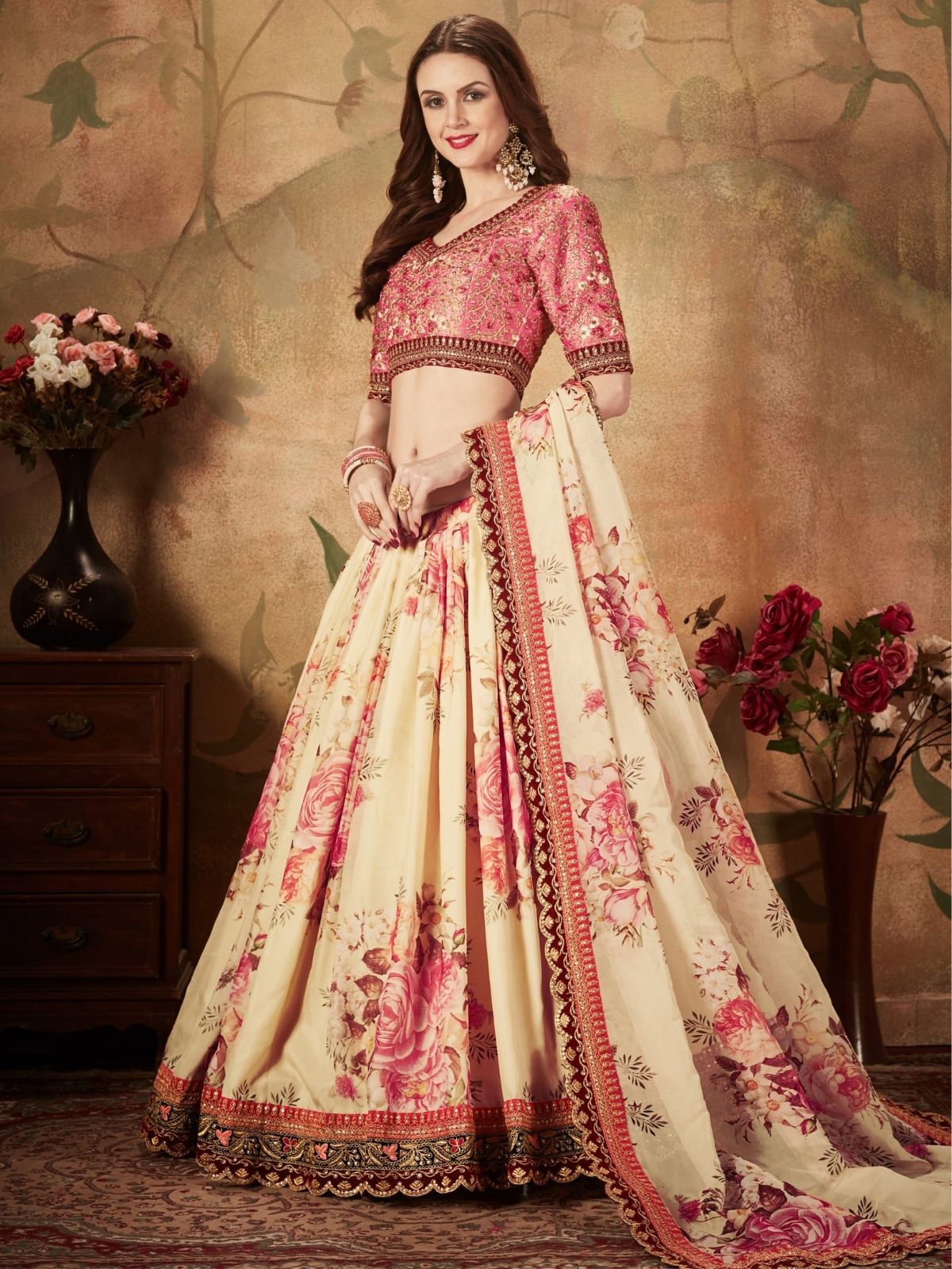 Odette Beige Organza Printed Semi Stitched Lehenga With Unstitched Blouse For Women