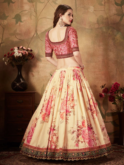 Odette Beige Organza Printed Semi Stitched Lehenga With Unstitched Blouse For Women