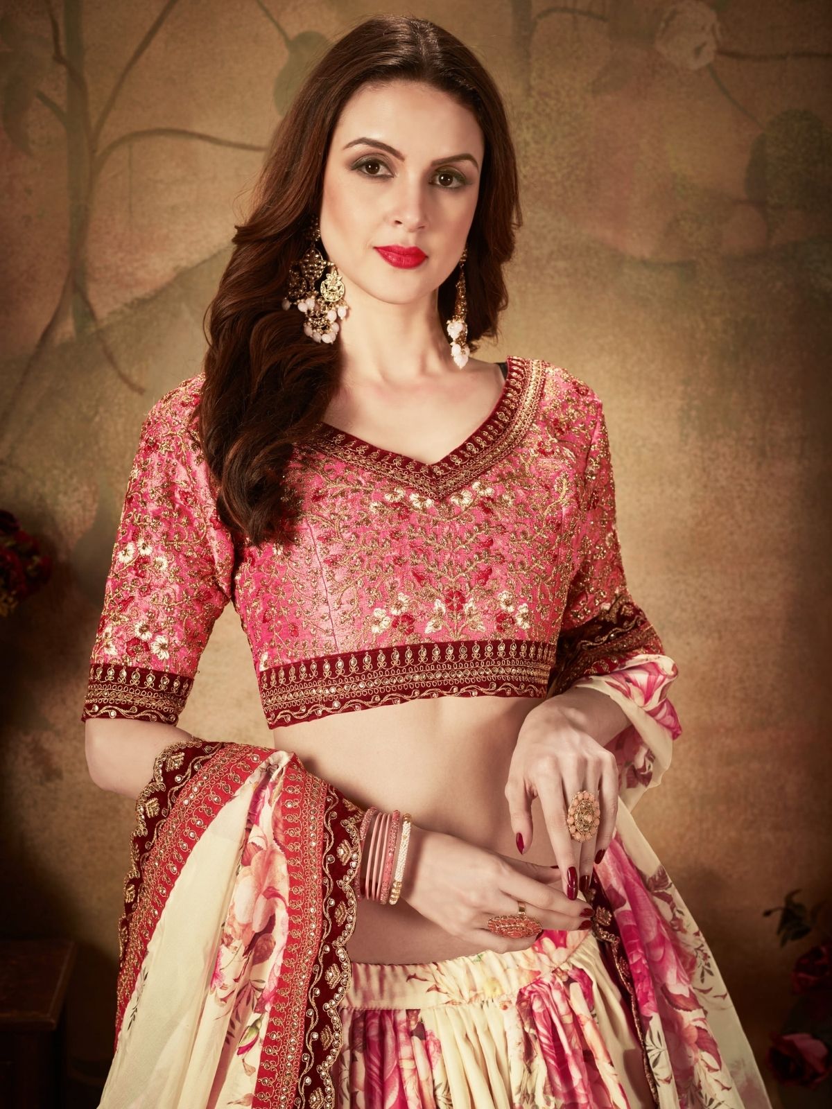 Odette Beige Organza Printed Semi Stitched Lehenga With Unstitched Blouse For Women