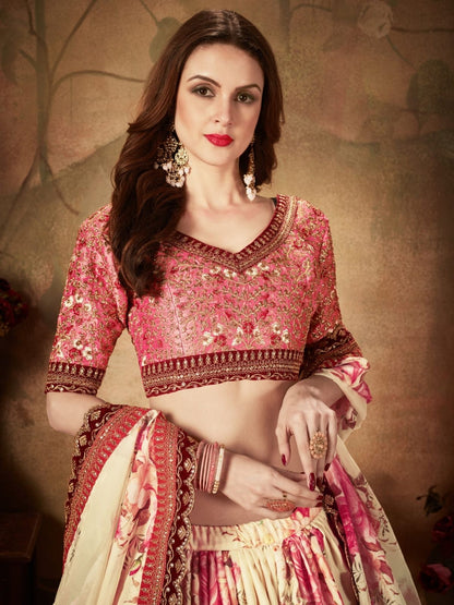 Odette Beige Organza Printed Semi Stitched Lehenga With Unstitched Blouse For Women