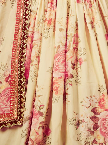 Odette Beige Organza Printed Semi Stitched Lehenga With Unstitched Blouse For Women