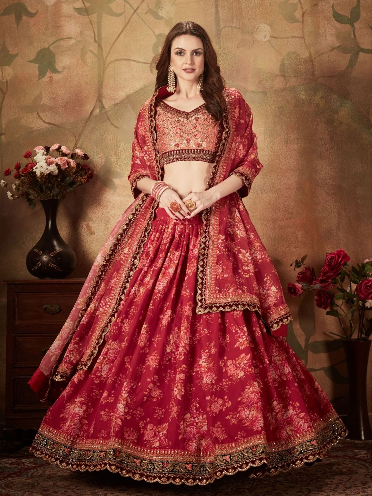 Odette Maroon Organza Printed Semi Stitched Lehenga With Unstitched Blouse For Women
