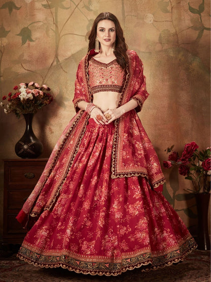Odette Maroon Organza Printed Semi Stitched Lehenga With Unstitched Blouse For Women