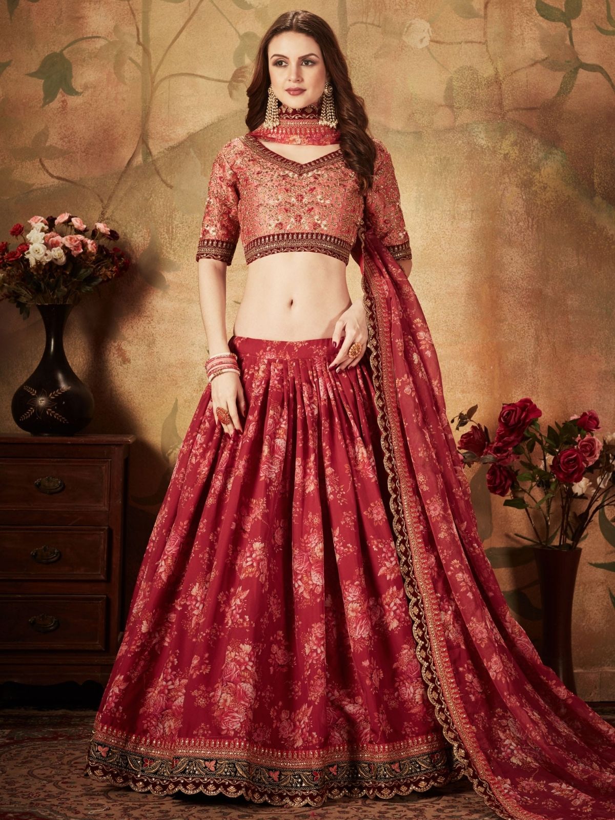 Odette Maroon Organza Printed Semi Stitched Lehenga With Unstitched Blouse For Women