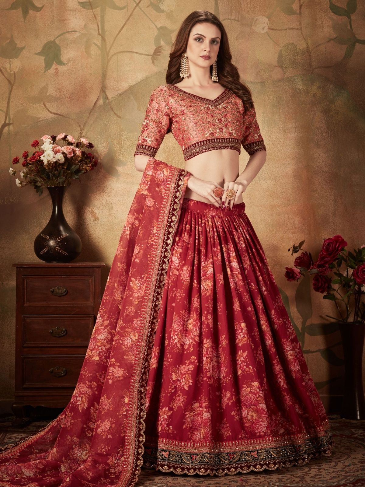Odette Maroon Organza Printed Semi Stitched Lehenga With Unstitched Blouse For Women