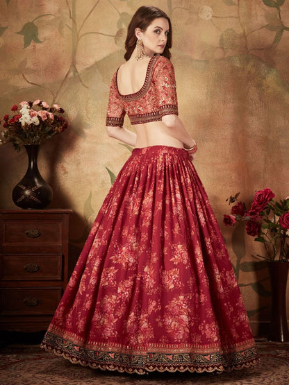 Odette Maroon Organza Printed Semi Stitched Lehenga With Unstitched Blouse For Women