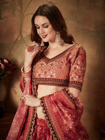 Odette Maroon Organza Printed Semi Stitched Lehenga With Unstitched Blouse For Women