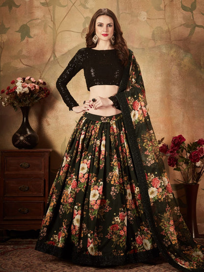Odette Black Organza Printed Semi Stitched Lehenga With Unstitched Blouse For Women