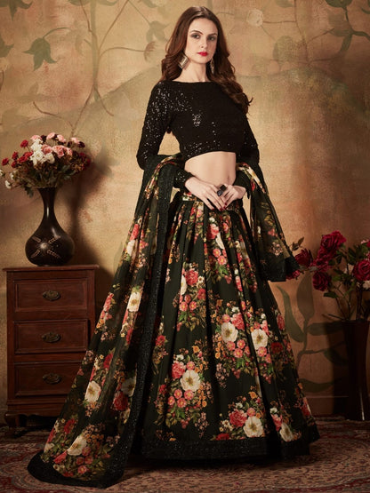 Odette Black Organza Printed Semi Stitched Lehenga With Unstitched Blouse For Women