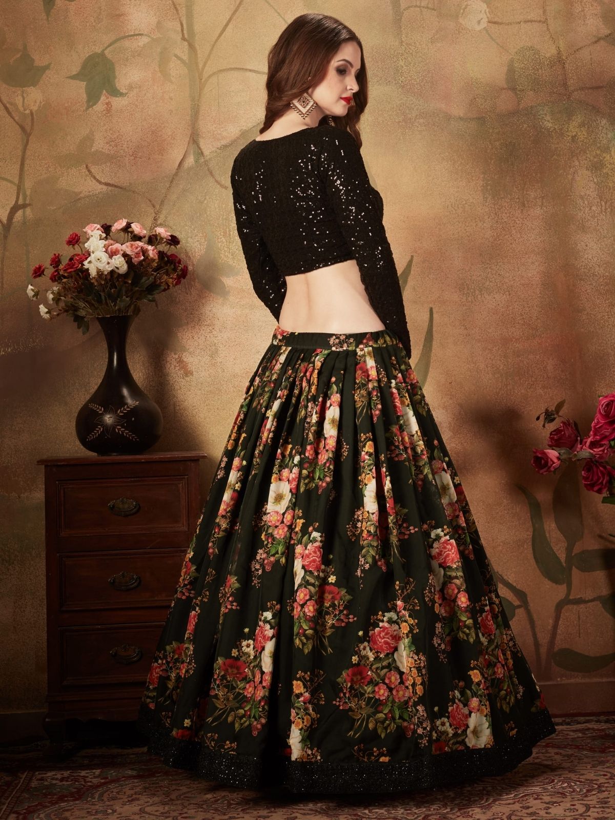 Odette Black Organza Printed Semi Stitched Lehenga With Unstitched Blouse For Women