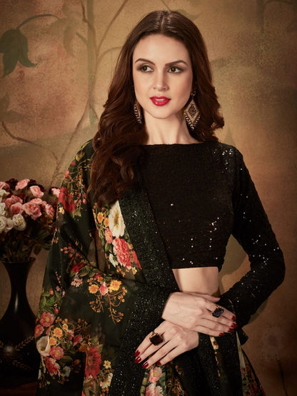 Odette Black Organza Printed Semi Stitched Lehenga With Unstitched Blouse For Women