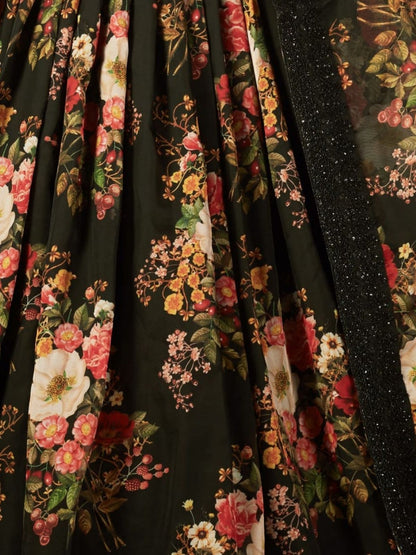 Odette Black Organza Printed Semi Stitched Lehenga With Unstitched Blouse For Women