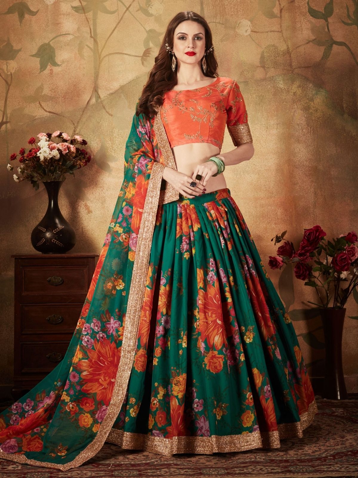 Odette Green Organza Printed Semi Stitched Lehenga With Unstitched Blouse For Women