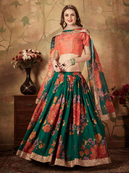 Odette Green Organza Printed Semi Stitched Lehenga With Unstitched Blouse For Women