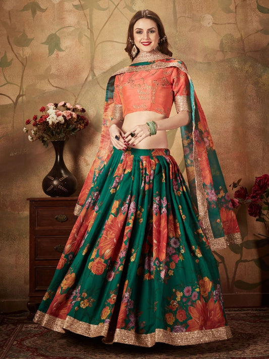 Odette Green Organza Printed Semi Stitched Lehenga With Unstitched Blouse For Women