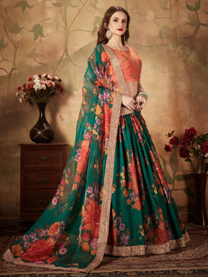 Odette Green Organza Printed Semi Stitched Lehenga With Unstitched Blouse For Women