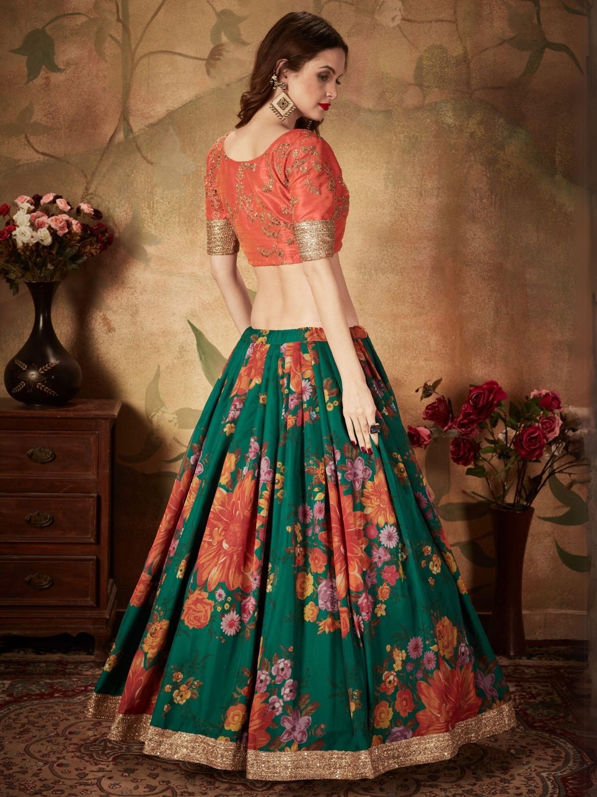 Odette Green Organza Printed Semi Stitched Lehenga With Unstitched Blouse For Women