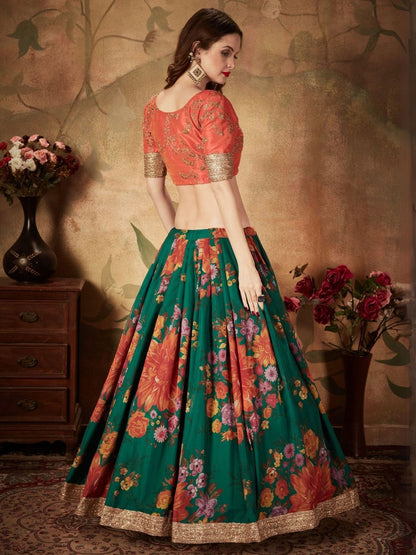 Odette Green Organza Printed Semi Stitched Lehenga With Unstitched Blouse For Women