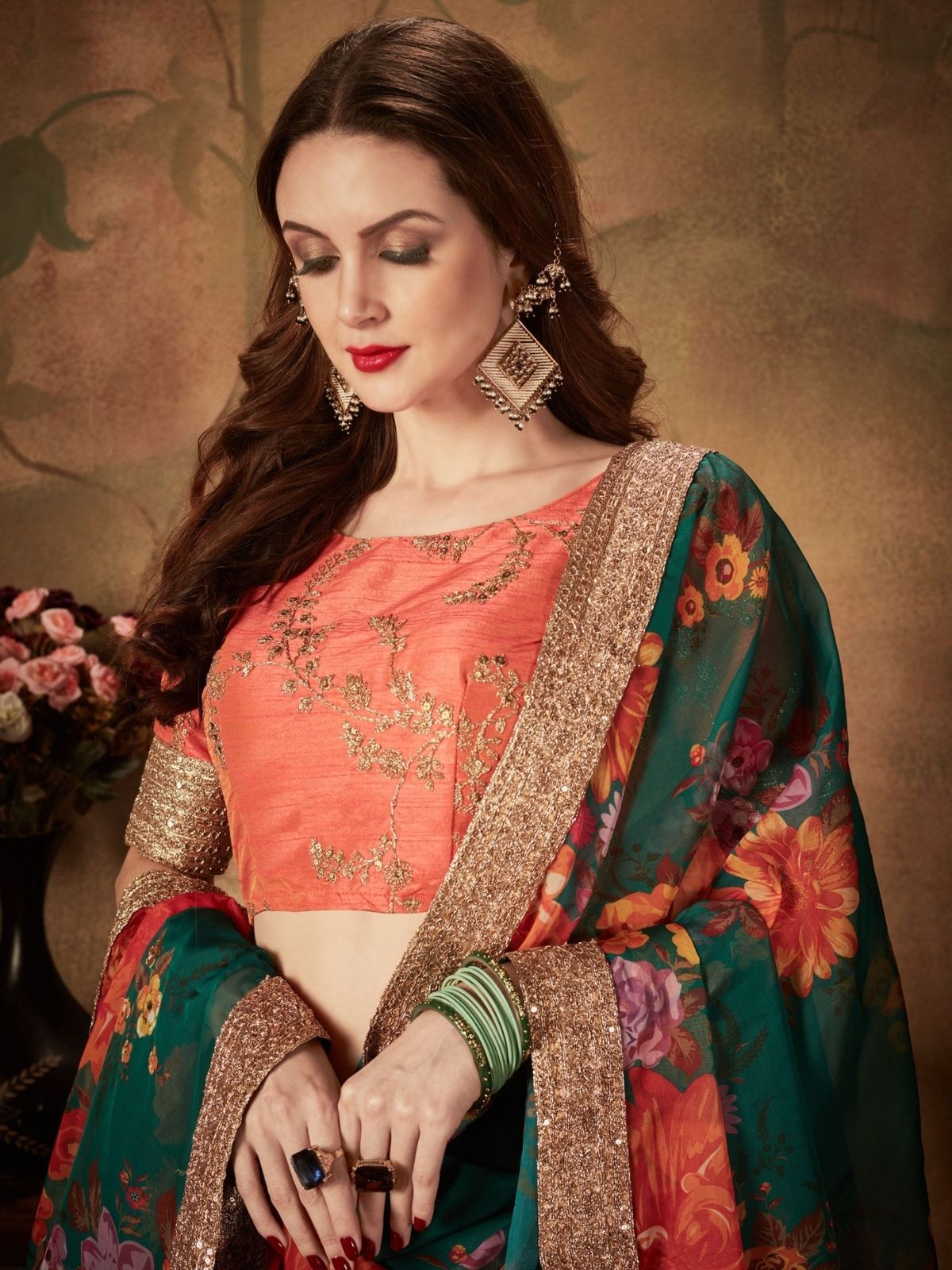 Odette Green Organza Printed Semi Stitched Lehenga With Unstitched Blouse For Women