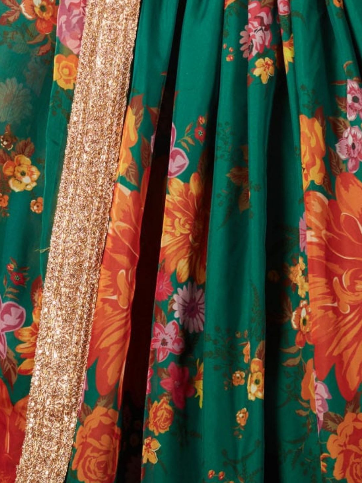 Odette Green Organza Printed Semi Stitched Lehenga With Unstitched Blouse For Women