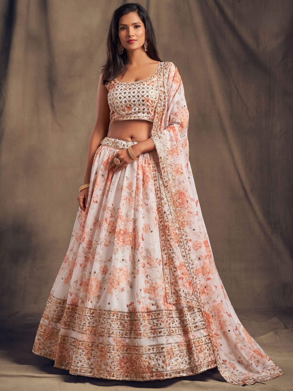 Odette White Organza Printed Semi Stitched Lehenga With Unstitched Blouse For Women