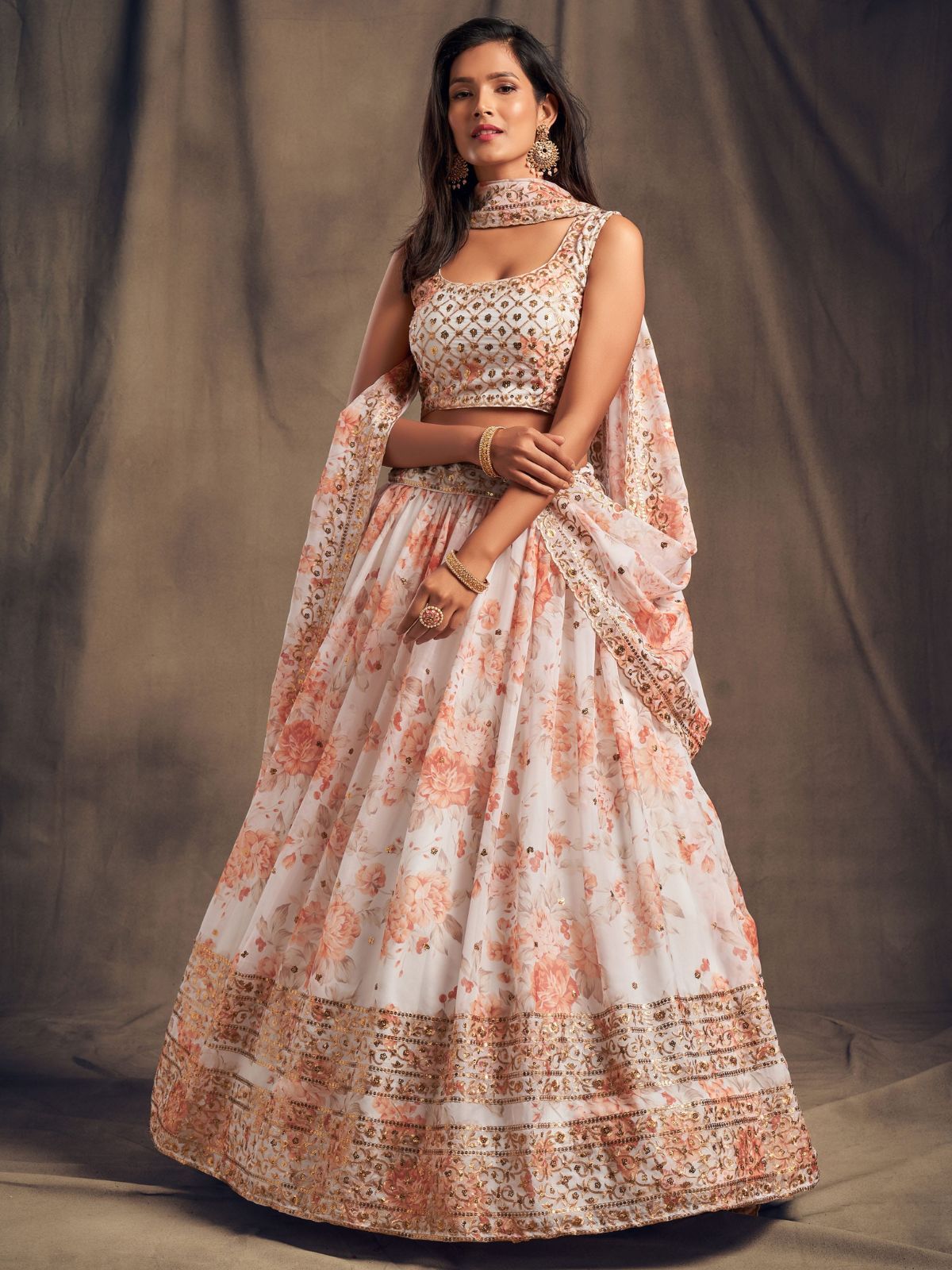 Odette White Organza Printed Semi Stitched Lehenga With Unstitched Blouse For Women