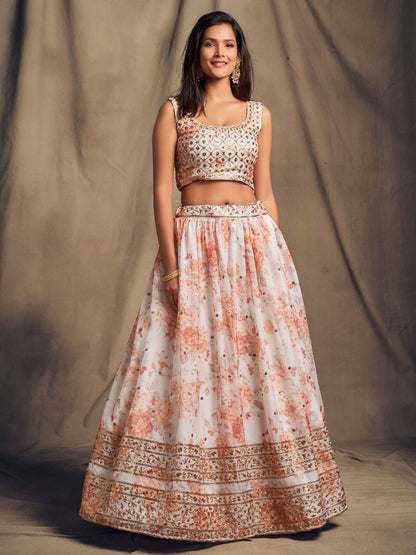 Odette White Organza Printed Semi Stitched Lehenga With Unstitched Blouse For Women