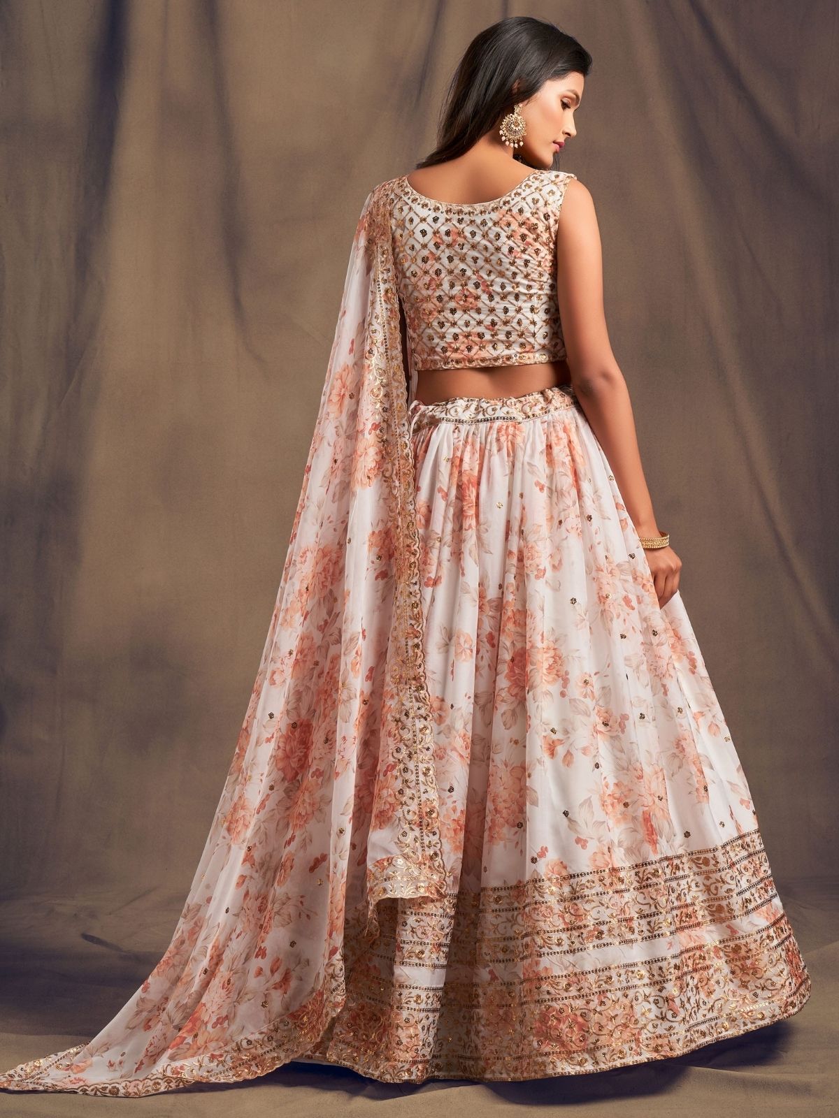 Odette White Organza Printed Semi Stitched Lehenga With Unstitched Blouse For Women