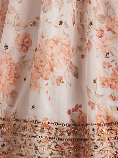 Odette White Organza Printed Semi Stitched Lehenga With Unstitched Blouse For Women