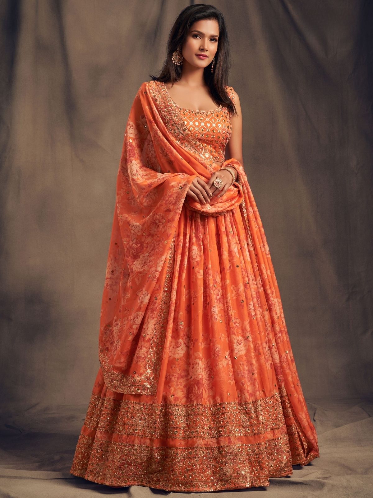 Odette Orange Organza Printed Semi Stitched Lehenga With Unstitched Blouse For Women