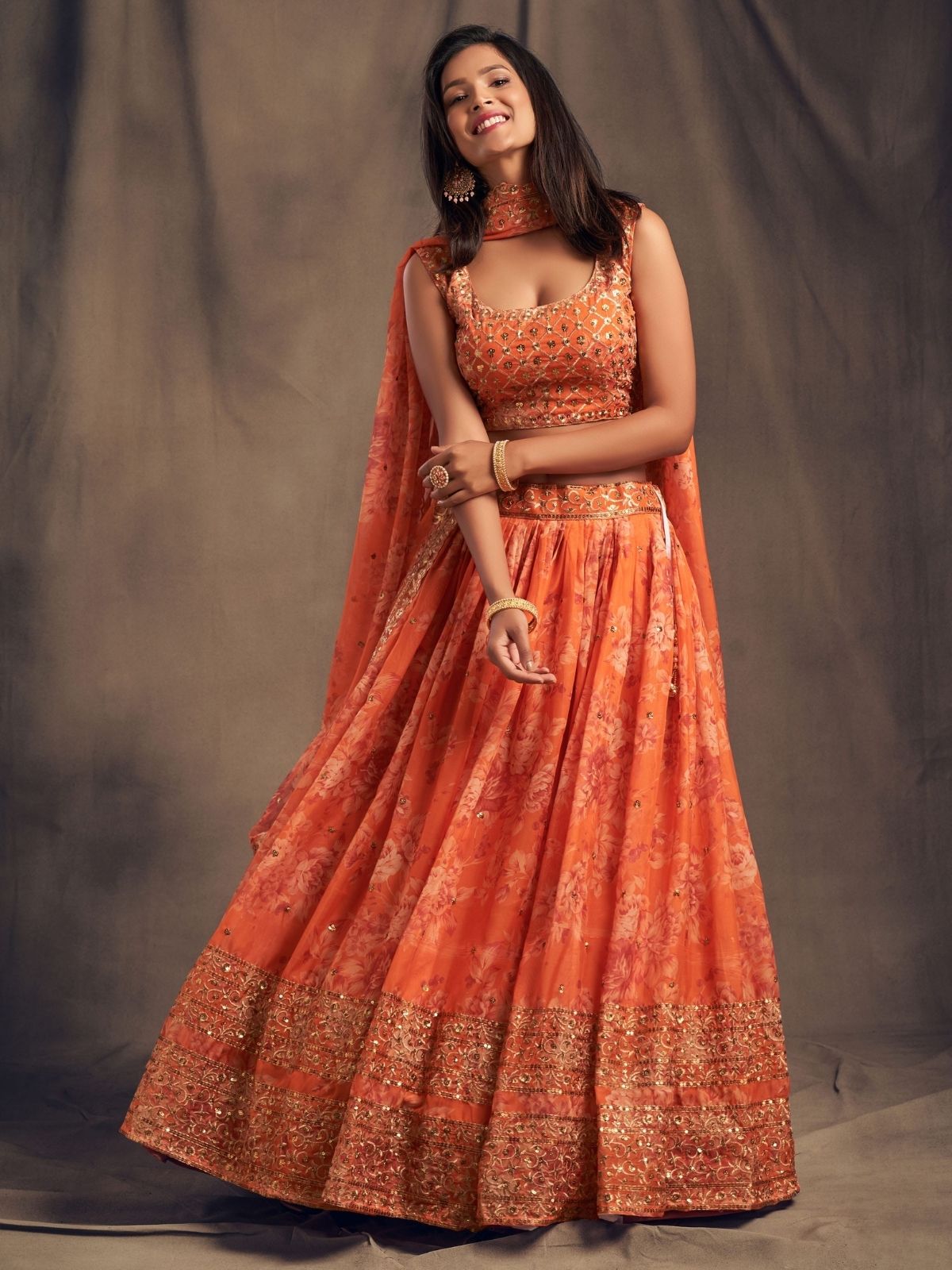 Odette Orange Organza Printed Semi Stitched Lehenga With Unstitched Blouse For Women