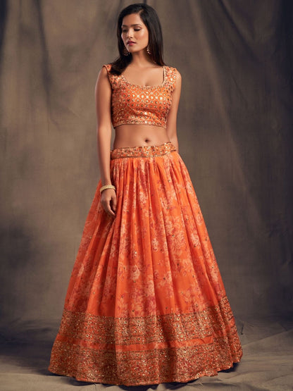 Odette Orange Organza Printed Semi Stitched Lehenga With Unstitched Blouse For Women