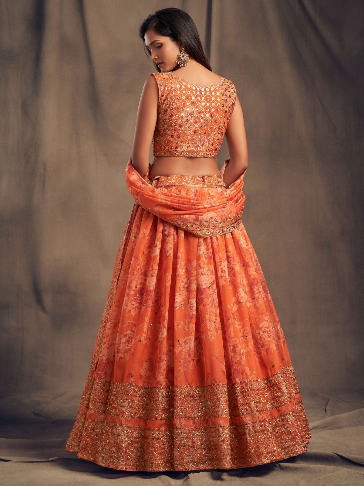 Odette Orange Organza Printed Semi Stitched Lehenga With Unstitched Blouse For Women