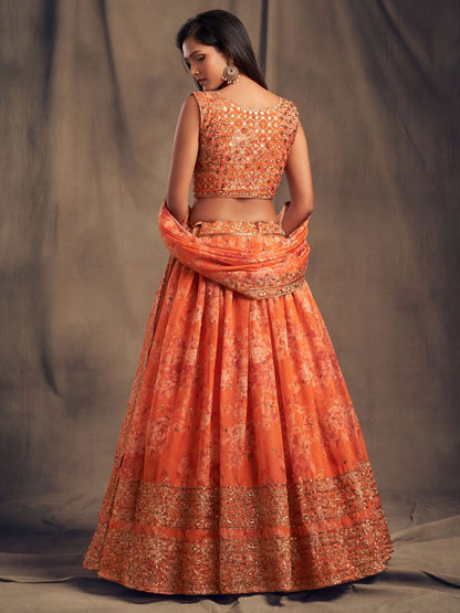 Odette Orange Organza Printed Semi Stitched Lehenga With Unstitched Blouse For Women